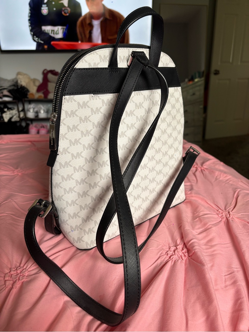 Michael Kors White Backpack with Black and Gray Center Stripes - Picture 2 of 2